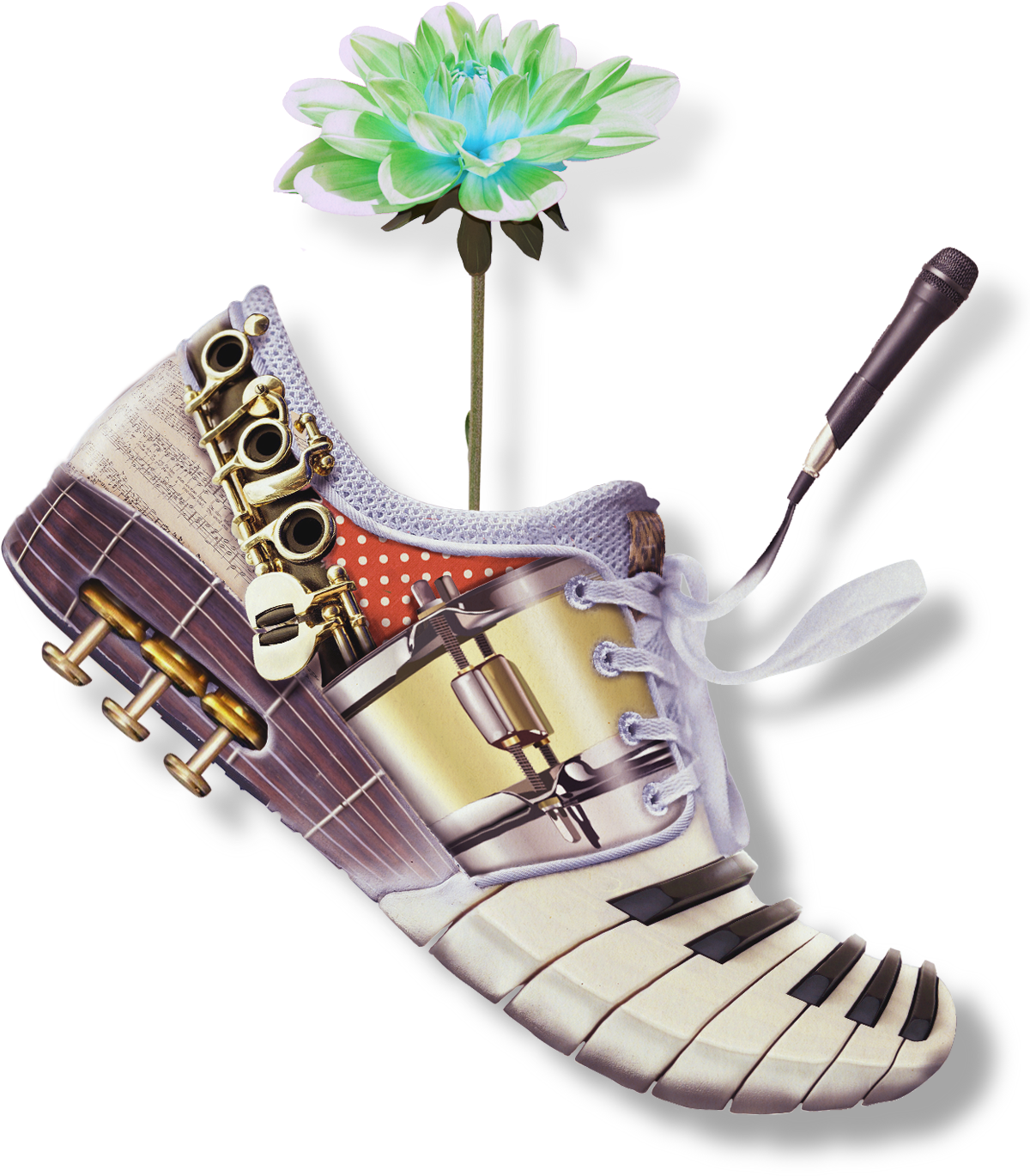 楽器の靴。駆け抜けるオーケストラをイメージしています。花は生み出される成果の象徴です
